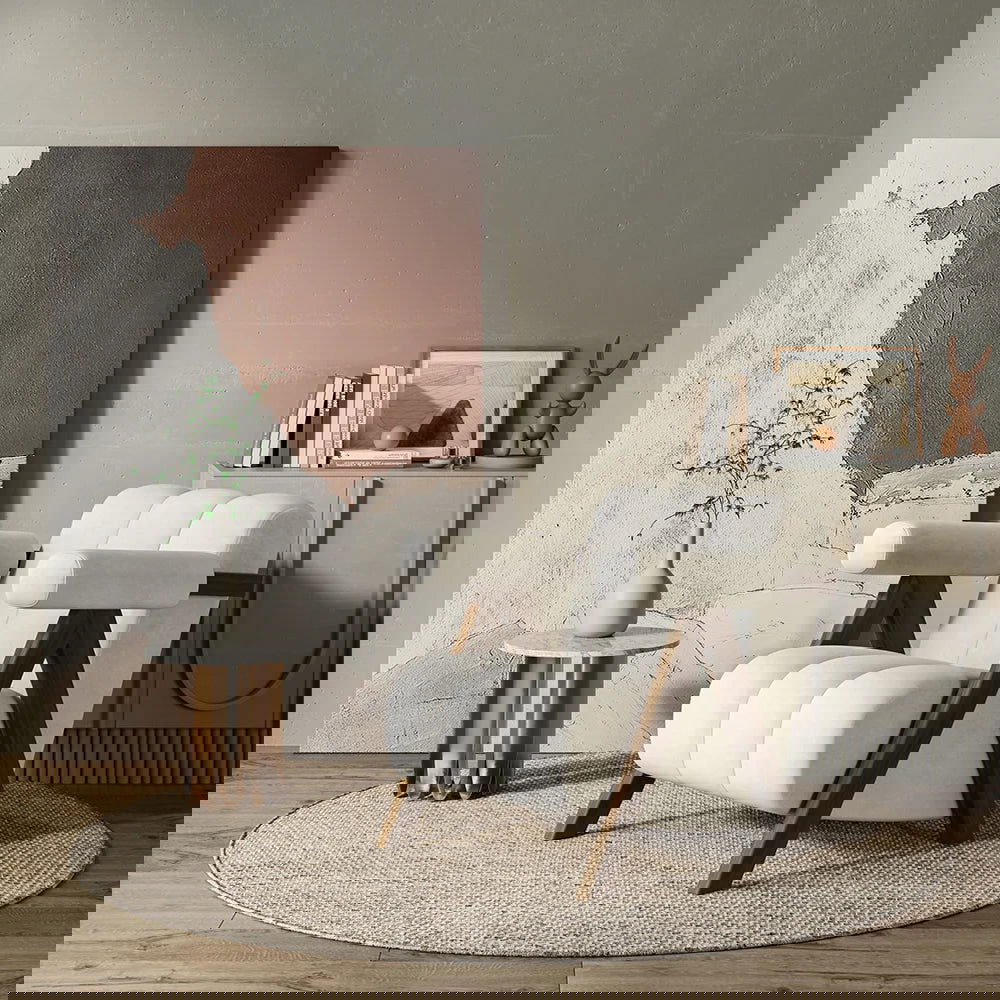 Japandi Beige Accent Chair Velvet Upholstery Armchair with Walnut Frame for Living Room - 