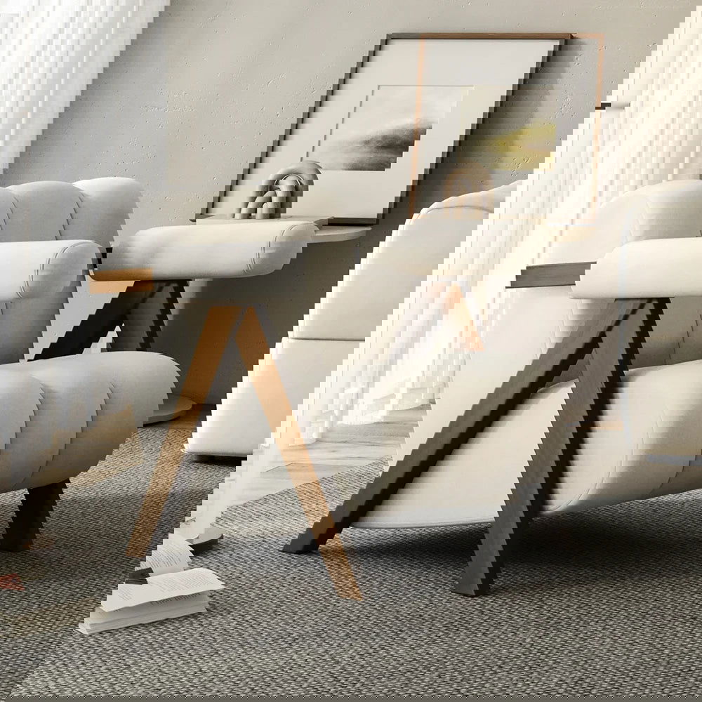 Japandi Beige Accent Chair Velvet Upholstery Armchair with Walnut Frame for Living Room - 