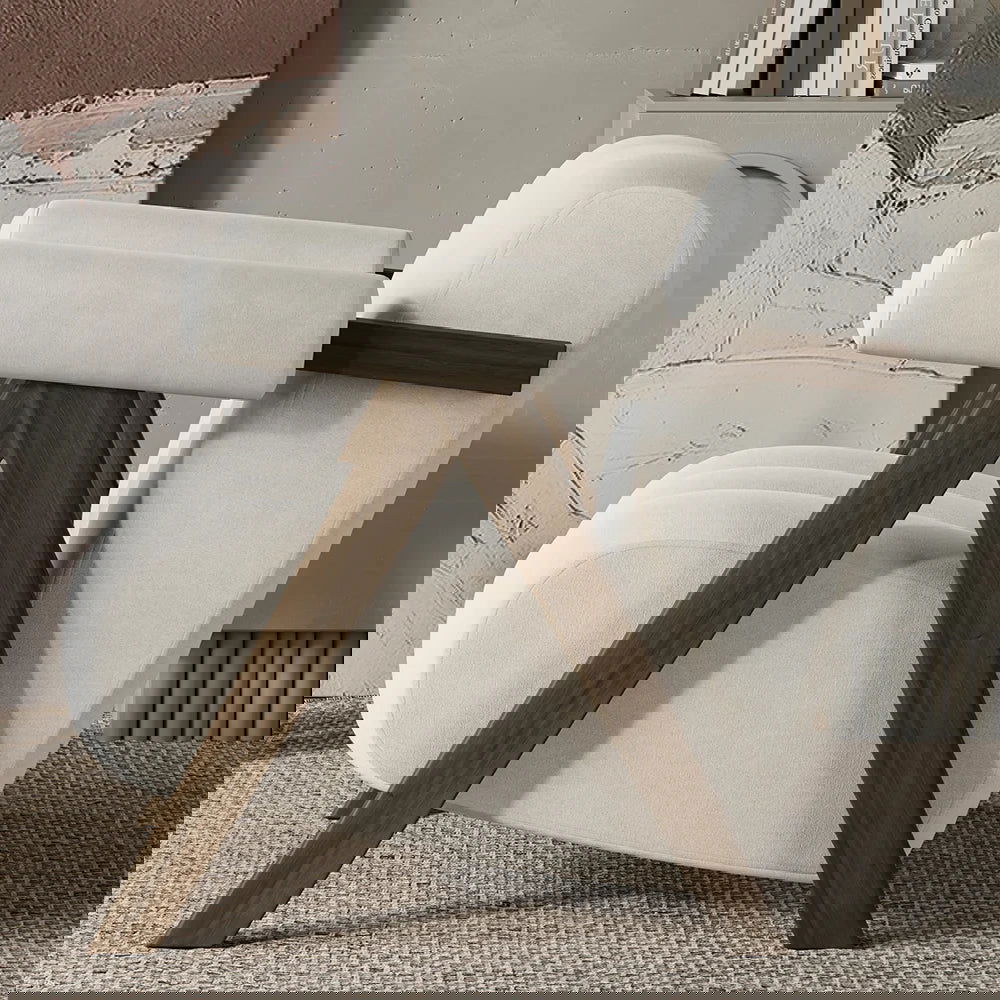 Japandi Beige Accent Chair Velvet Upholstery Armchair with Walnut Frame for Living Room - 