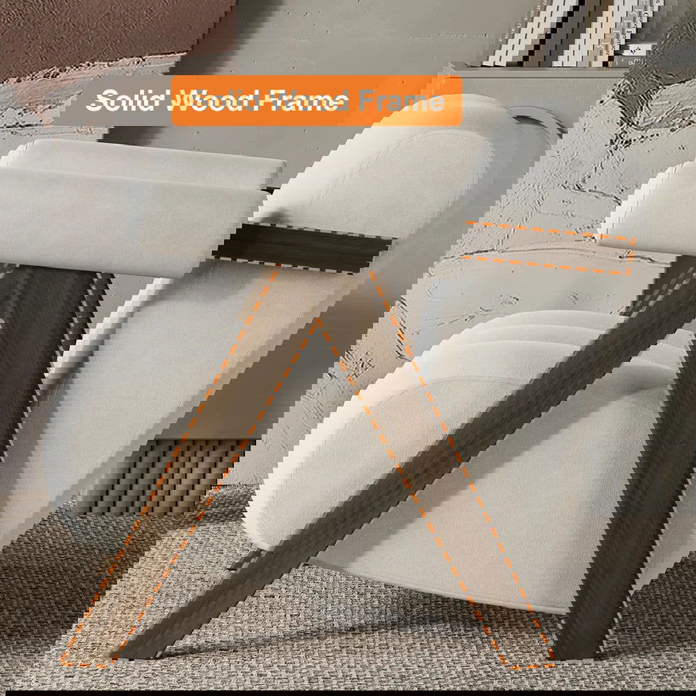 Japandi Beige Accent Chair Velvet Upholstery Armchair with Walnut Frame for Living Room - 