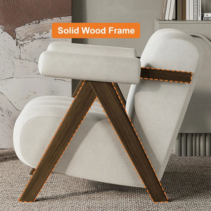 Japandi Beige Accent Chair Velvet Upholstery Armchair with Walnut Frame for Living Room - 