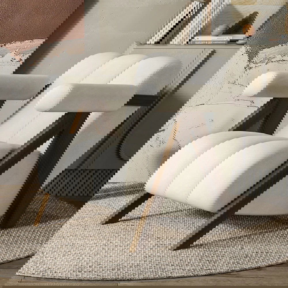 Japandi Beige Accent Chair Velvet Upholstery Armchair with Walnut Frame for Living Room - Homary