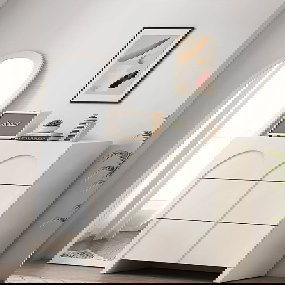 Japandi Cream White Dresser Nordic Arch Chest of 3 Drawers Storage Cabinet - 