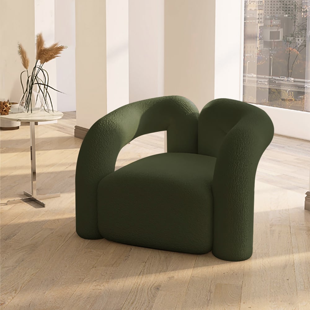 Japandi Dark Green Boucle Accent Chair Shaggy Armchair for Living Room - 