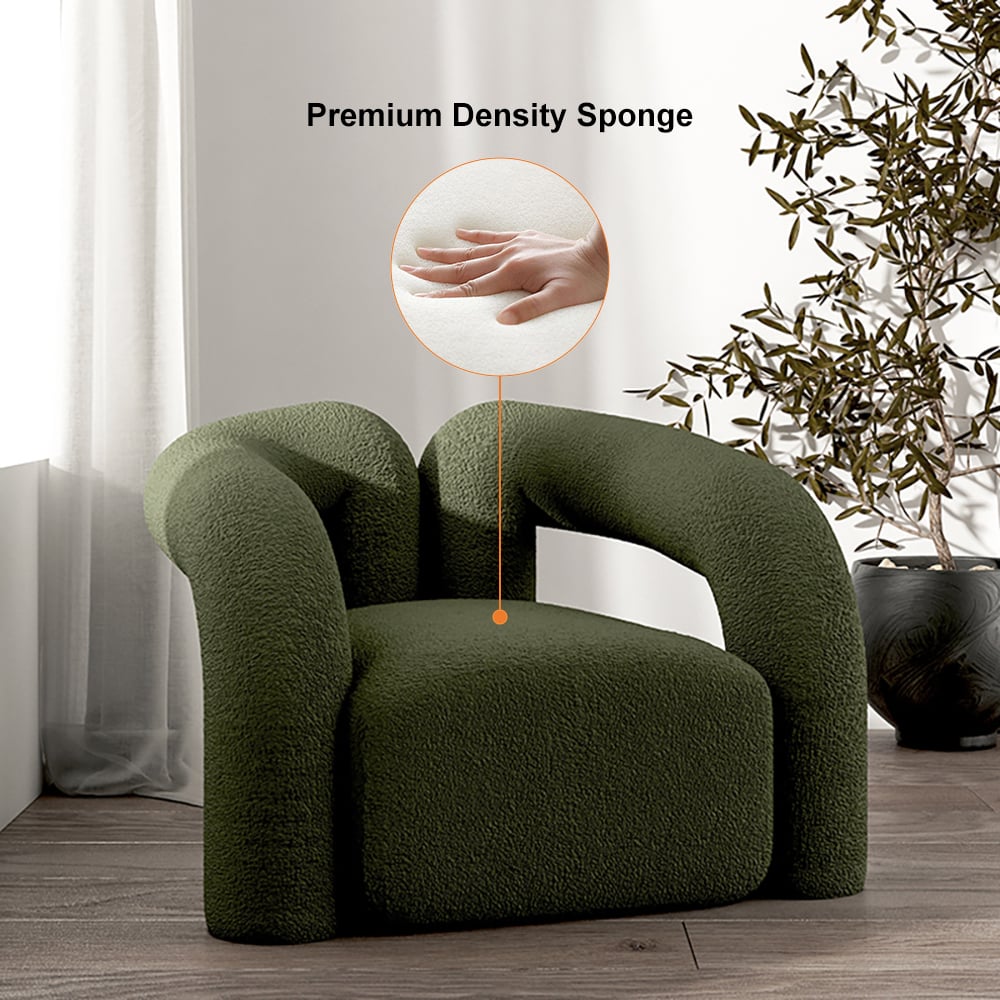 Japandi Dark Green Boucle Accent Chair Shaggy Armchair for Living Room - 