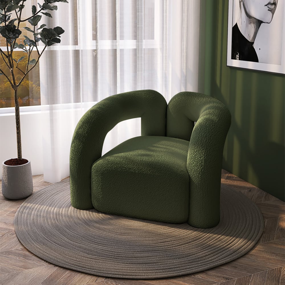 Japandi Dark Green Boucle Accent Chair Shaggy Armchair for Living Room - 