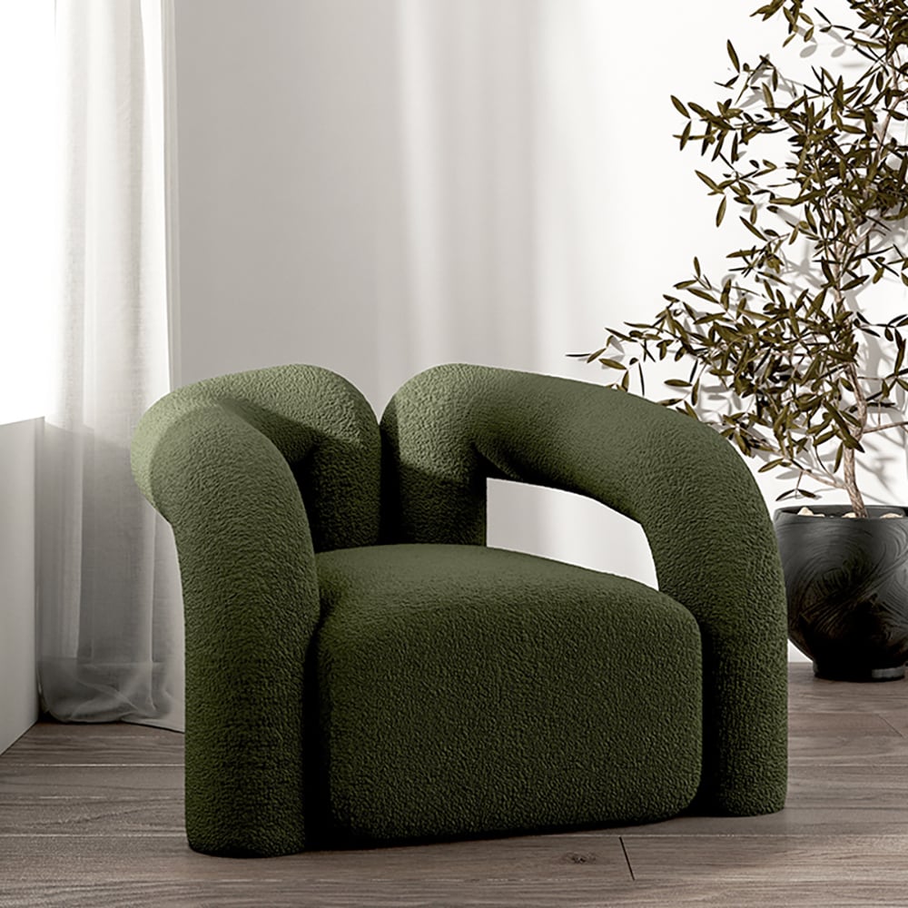 Japandi Dark Green Boucle Accent Chair Shaggy Armchair for Living Room - Homary