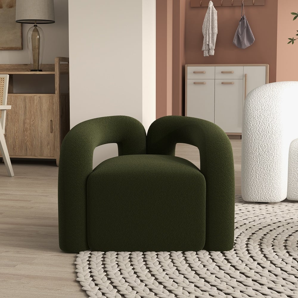 Japandi Dark Green Boucle Accent Chair Shaggy Armchair for Living Room - Homary