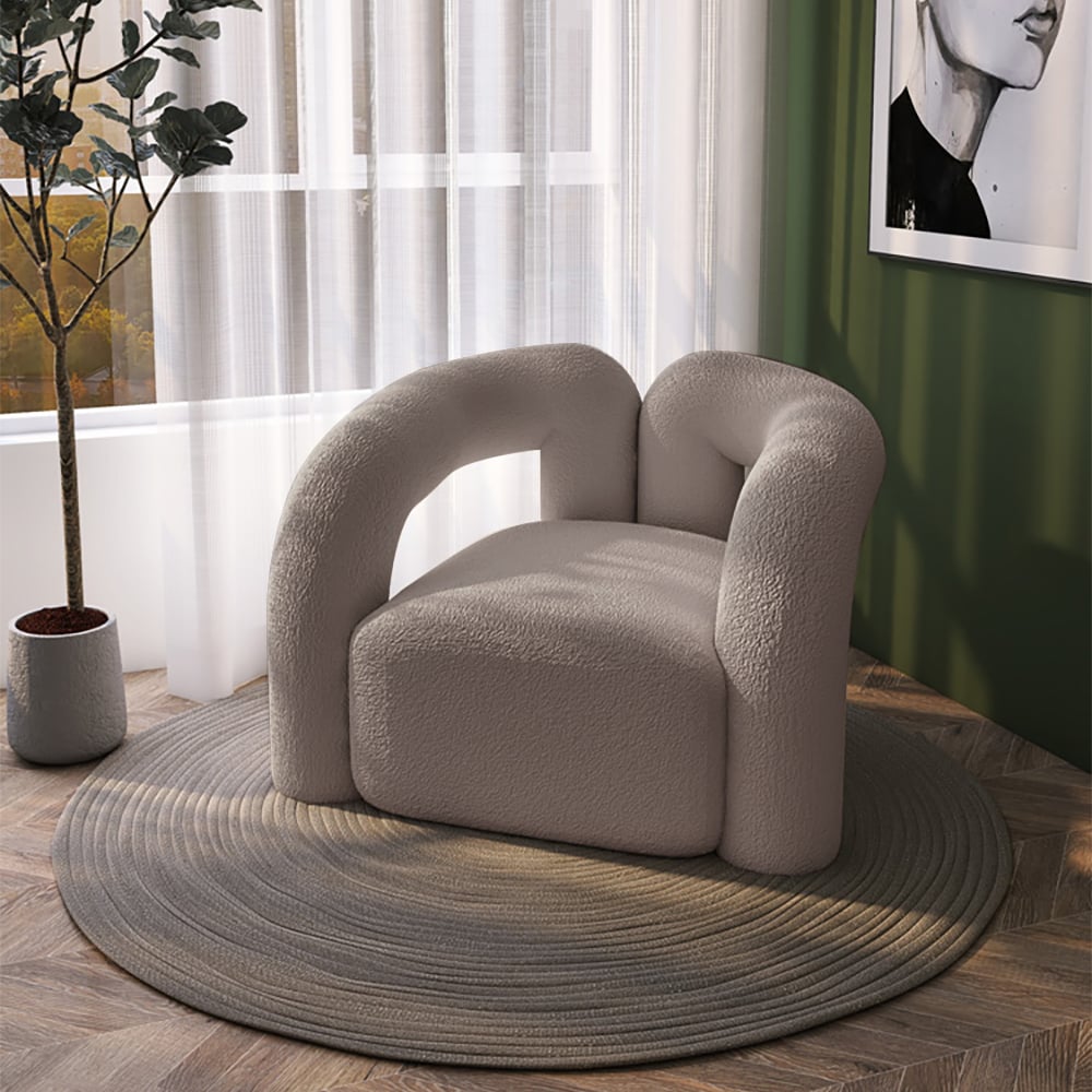 Japandi Grey Boucle Accent Chair Shaggy Armchair for Living Room - 