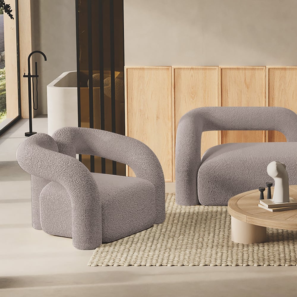 Japandi Grey Boucle Accent Chair Shaggy Armchair for Living Room - 