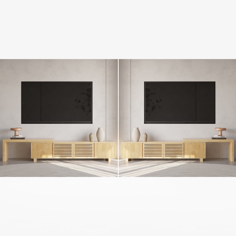 Japandi Natural Retracted & Extendable TV Stand with 4 Shelves Up to 2159mm - 