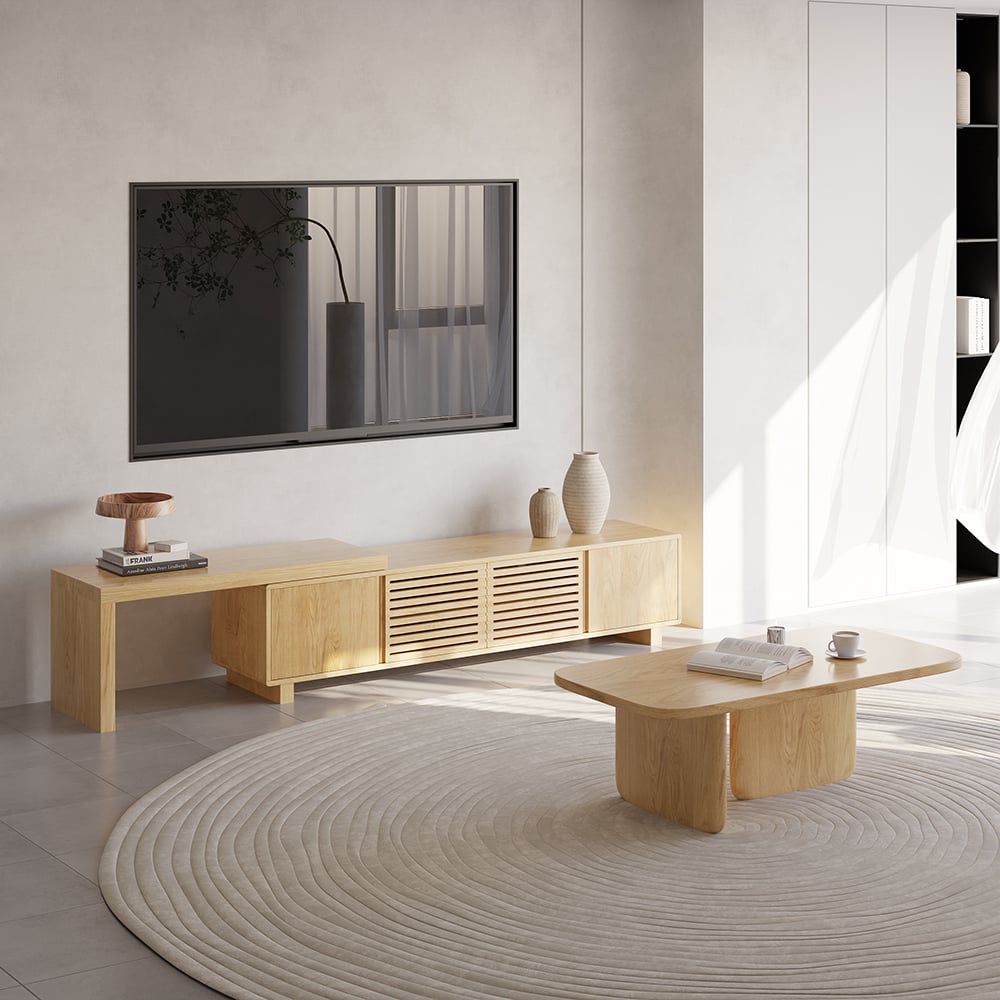 Japandi Natural Retracted & Extendable TV Stand with 4 Shelves Up to 2159mm - Homary