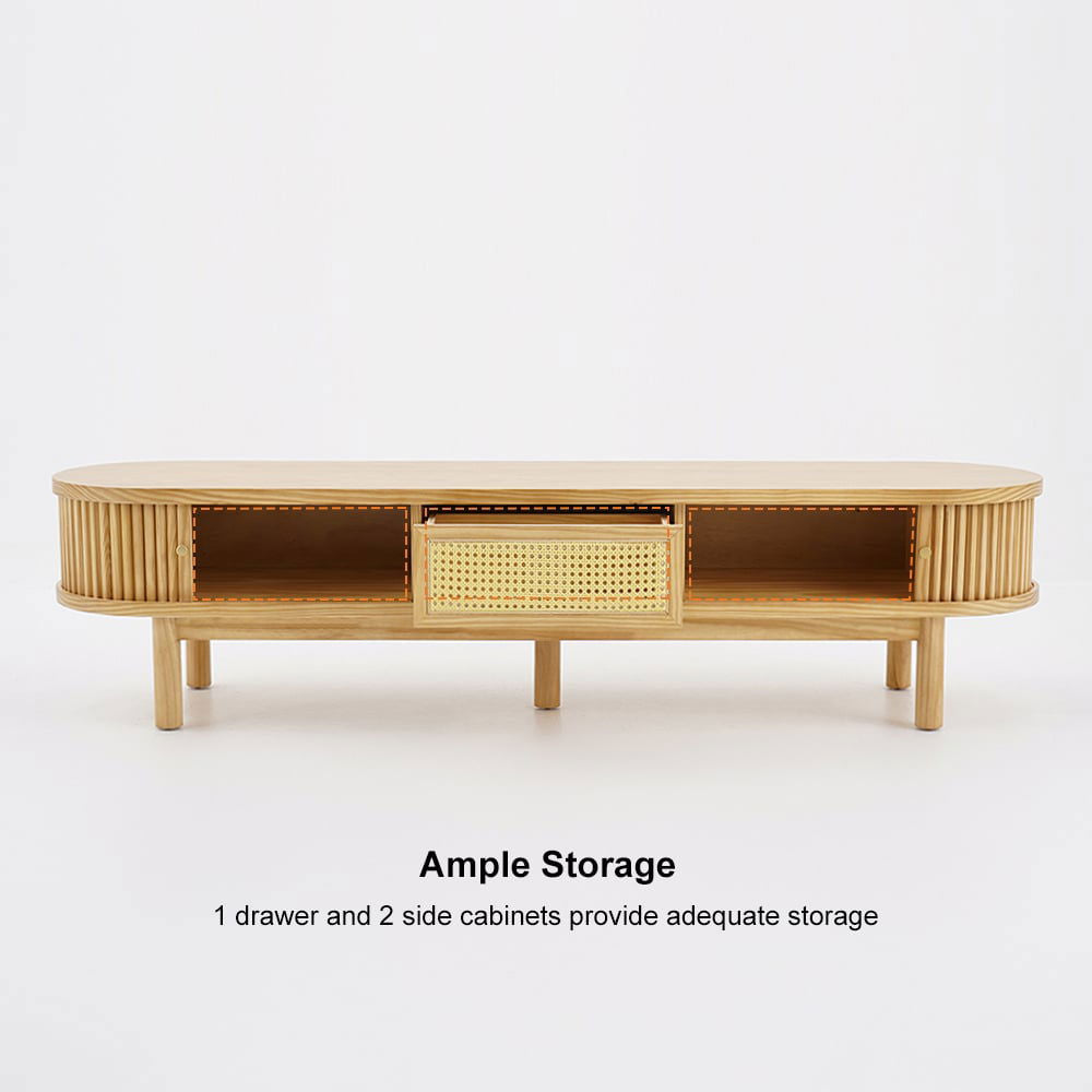 Japandi Oval Pine Wood Rattan TV Stand in Natural with Storage & Drawer for 2032mm TV - 