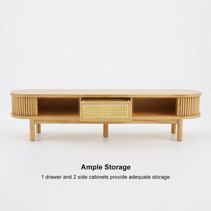 Japandi Oval Pine Wood Rattan TV Stand in Natural with Storage & Drawer for 2032mm TV - 