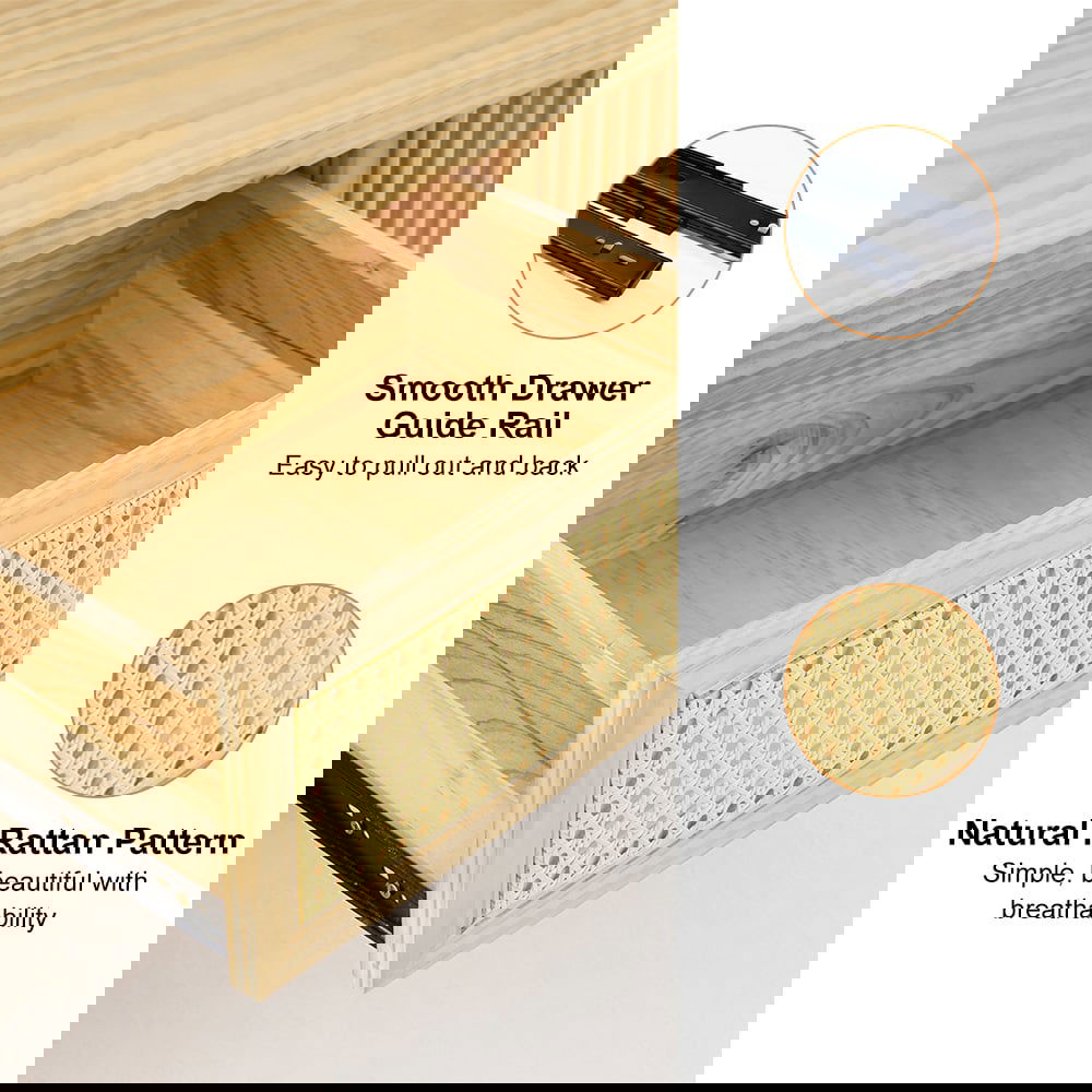 Japandi Oval Pine Wood Rattan TV Stand in Natural with Storage & Drawer for 2032mm TV - 