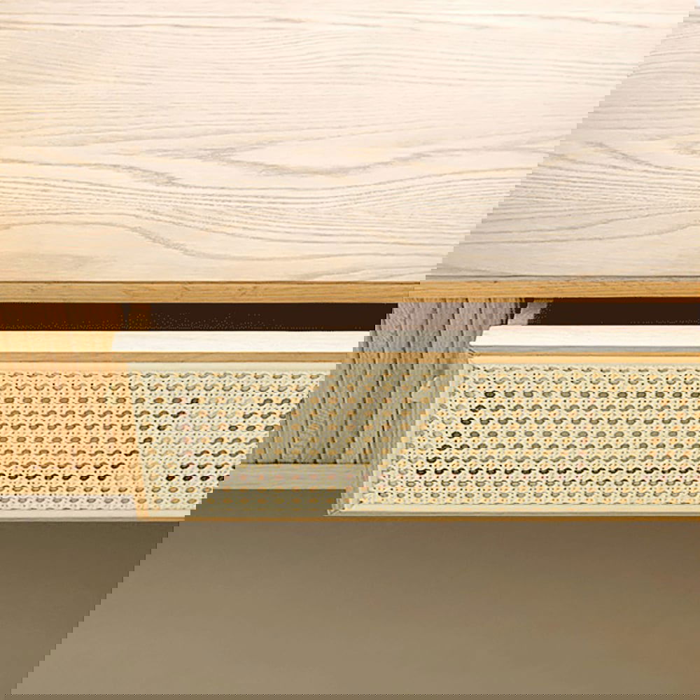 Japandi Oval Pine Wood Rattan TV Stand in Natural with Storage & Drawer for 2032mm TV - 