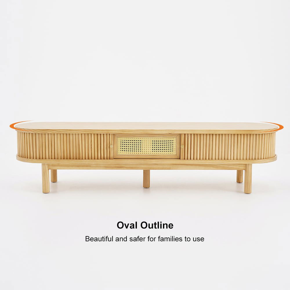 Japandi Oval Pine Wood Rattan TV Stand in Natural with Storage & Drawer for 2032mm TV - 