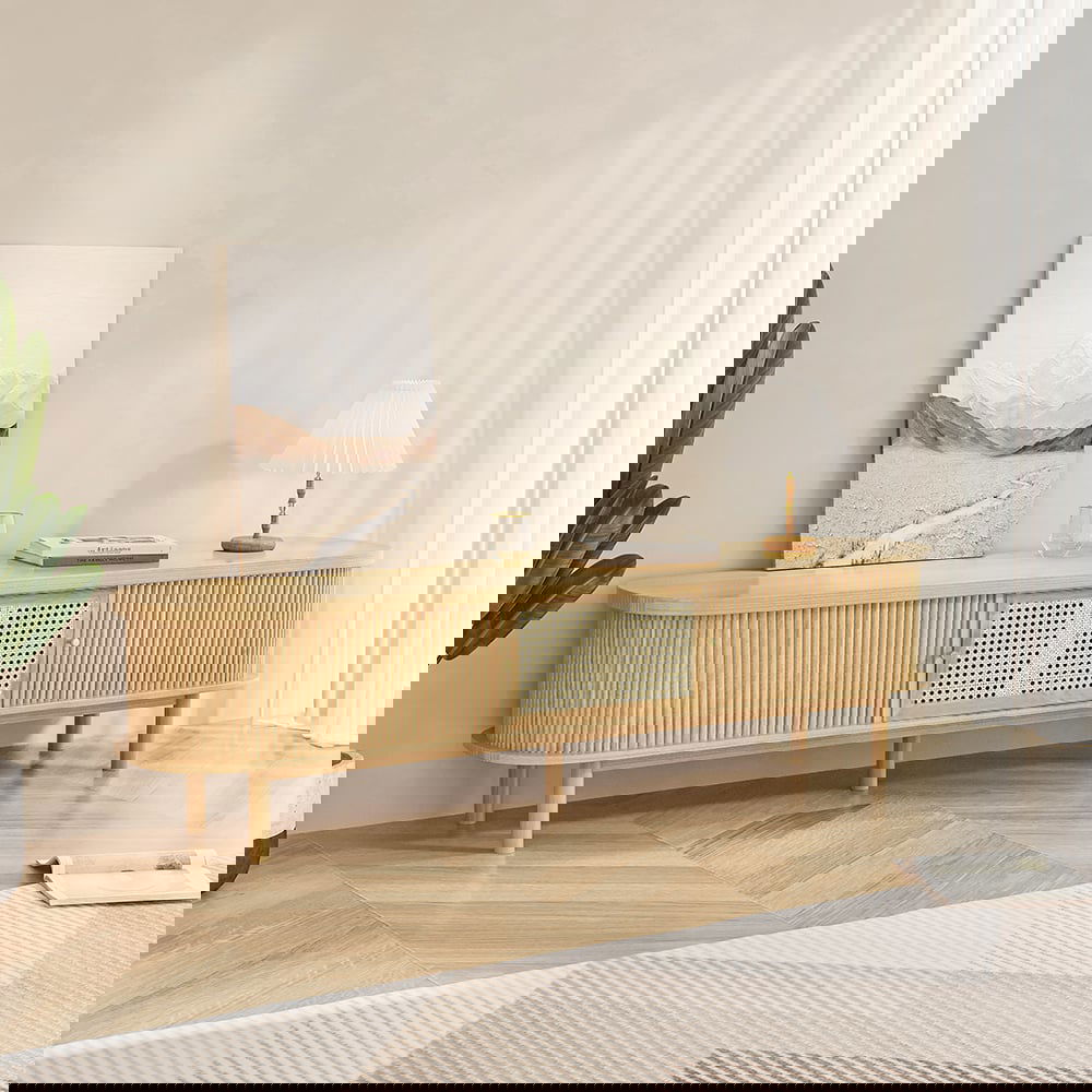 Japandi Oval Pine Wood Rattan TV Stand in Natural with Storage & Drawer for 2032mm TV - Approved By Design