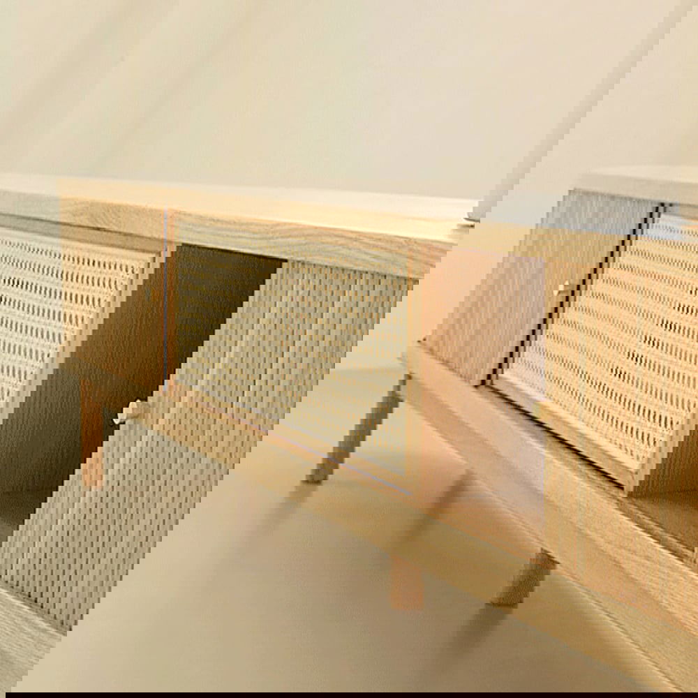 Japandi Oval Pine Wood Rattan TV Stand in Natural with Storage & Drawer for 2032mm TV - Approved By Design