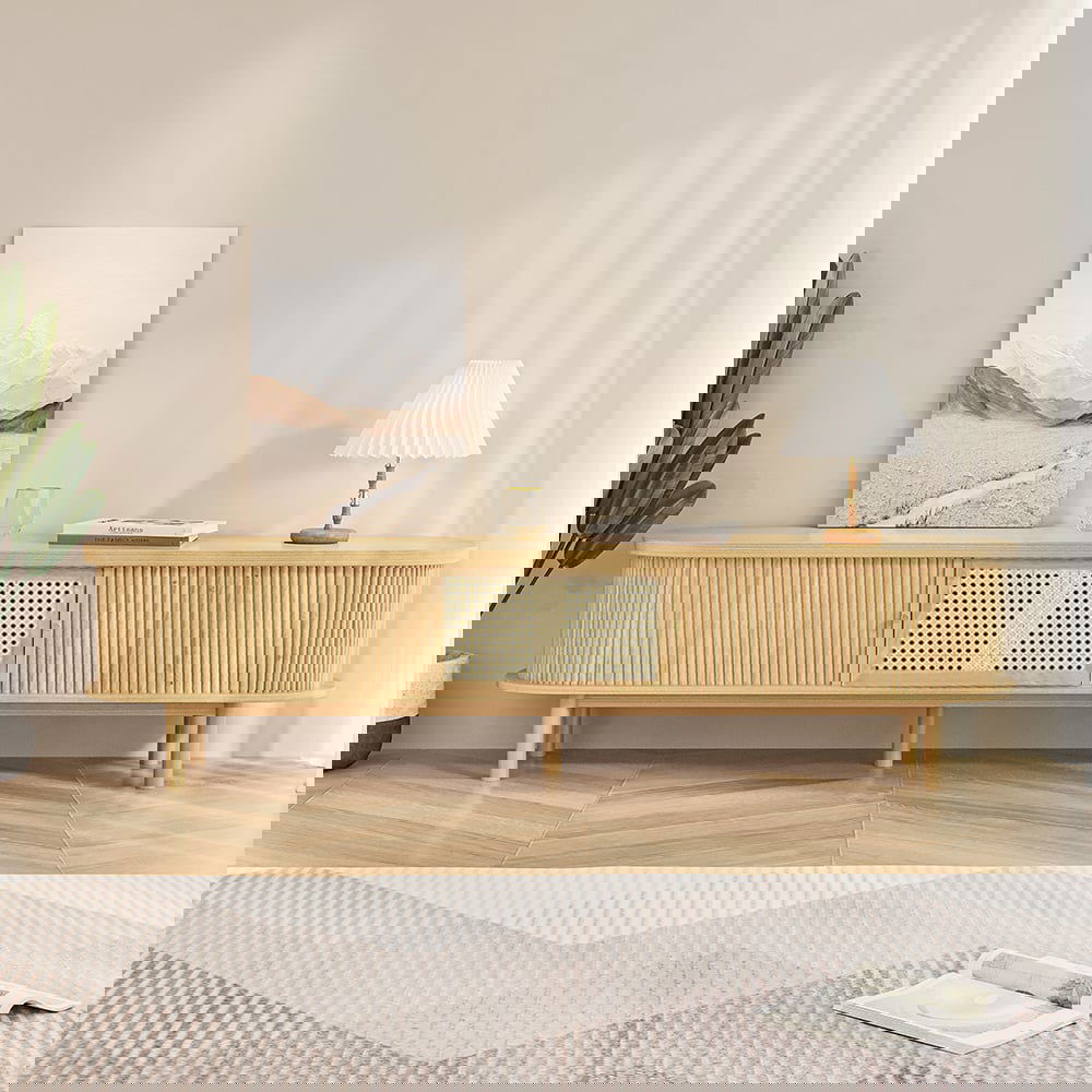 Japandi Oval Pine Wood Rattan TV Stand in Natural with Storage & Drawer for 2032mm TV - Approved By Design