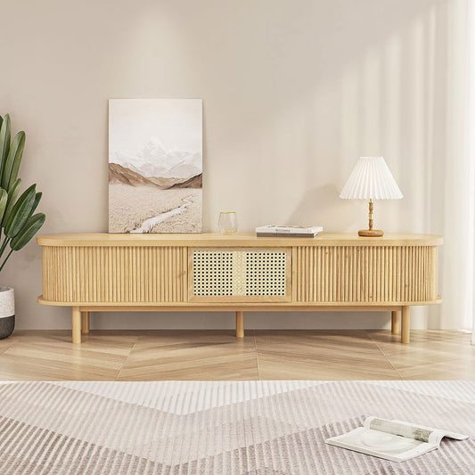 Japandi Oval Pine Wood Rattan TV Stand in Natural with Storage & Drawer for 2032mm TV - Approved By Design