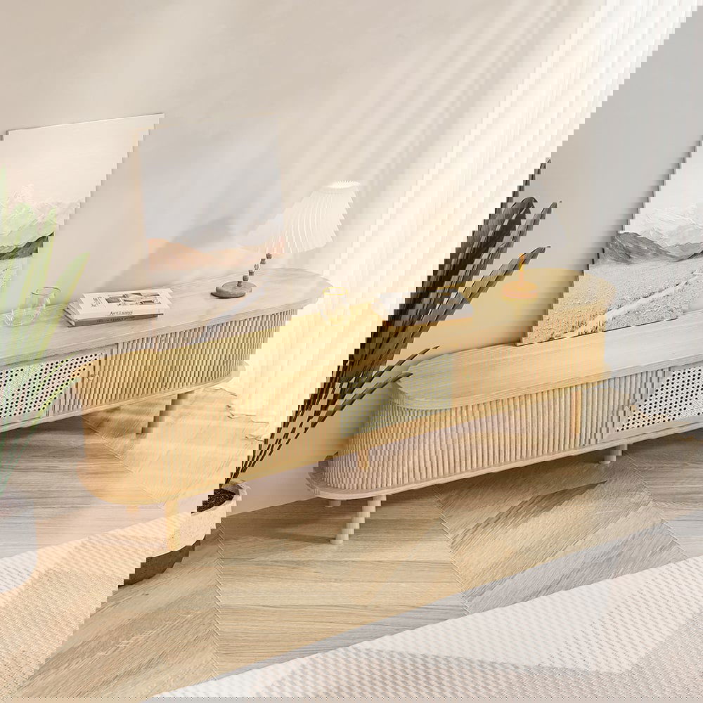 Japandi Oval Pine Wood Rattan TV Stand in Natural with Storage & Drawer for 2032mm TV - Approved By Design