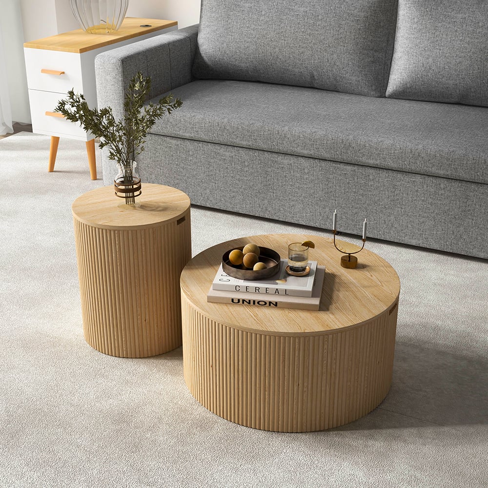 Japandi Round Wood Coffee Table Set of 2 with Storage in Natural - 