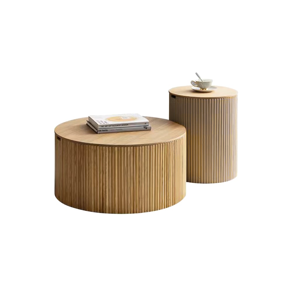 Japandi Round Wood Coffee Table Set of 2 with Storage in Natural - 