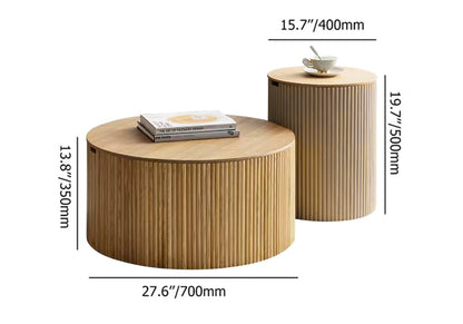 Japandi Round Wood Coffee Table Set of 2 with Storage in Natural - 