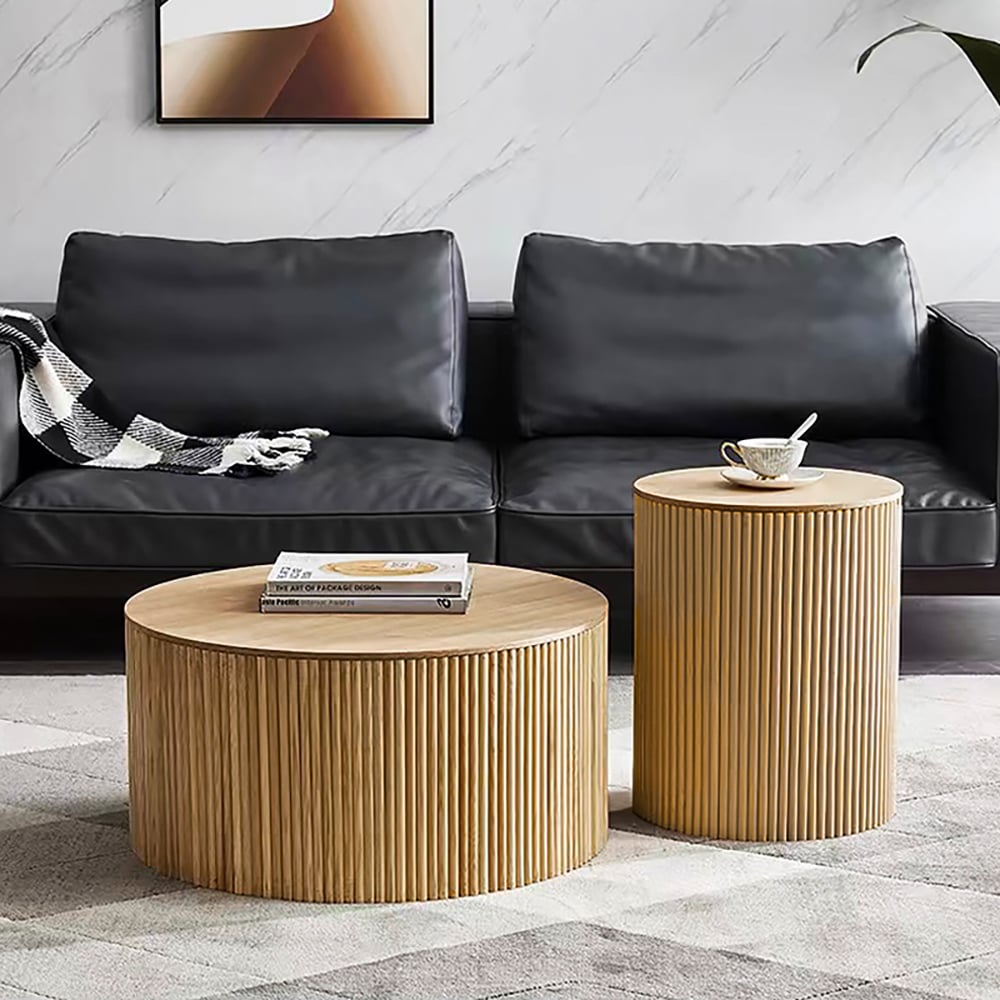 Japandi Round Wood Coffee Table Set of 2 with Storage in Natural - Homary