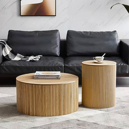 Japandi Round Wood Coffee Table Set of 2 with Storage in Natural - Homary