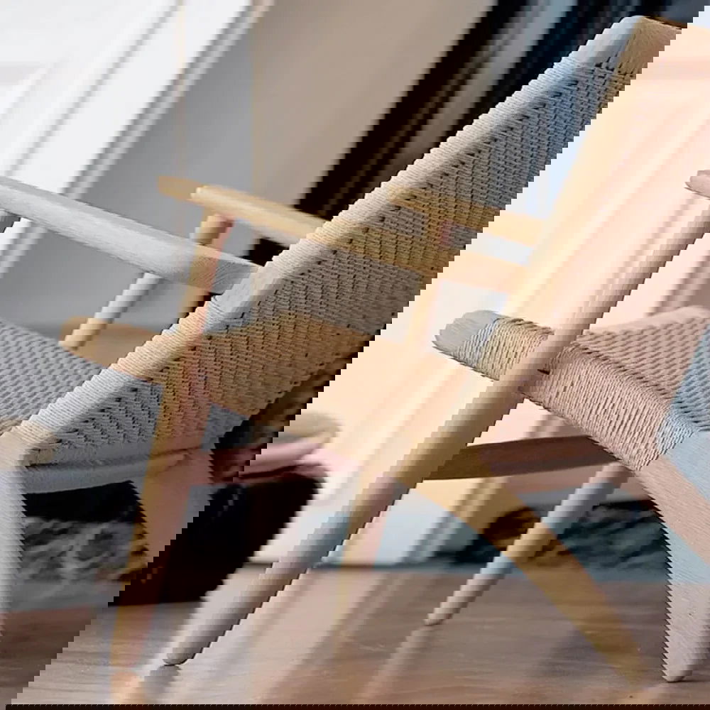 Japandi Solid Wood Outdoor Patio Lounge Chair Armchair Kraft Paper Rope Woven Seat - 