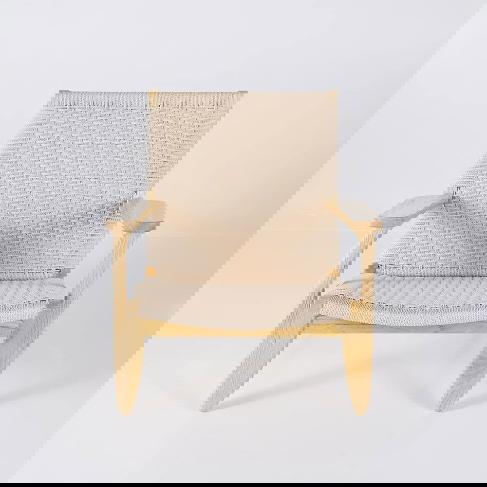 Japandi Solid Wood Outdoor Patio Lounge Chair Armchair Kraft Paper Rope Woven Seat - 