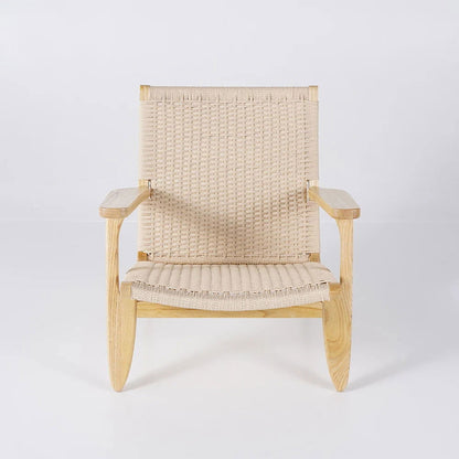 Japandi Solid Wood Outdoor Patio Lounge Chair Armchair Kraft Paper Rope Woven Seat - 