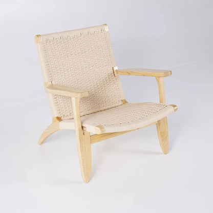 Japandi Solid Wood Outdoor Patio Lounge Chair Armchair Kraft Paper Rope Woven Seat - 