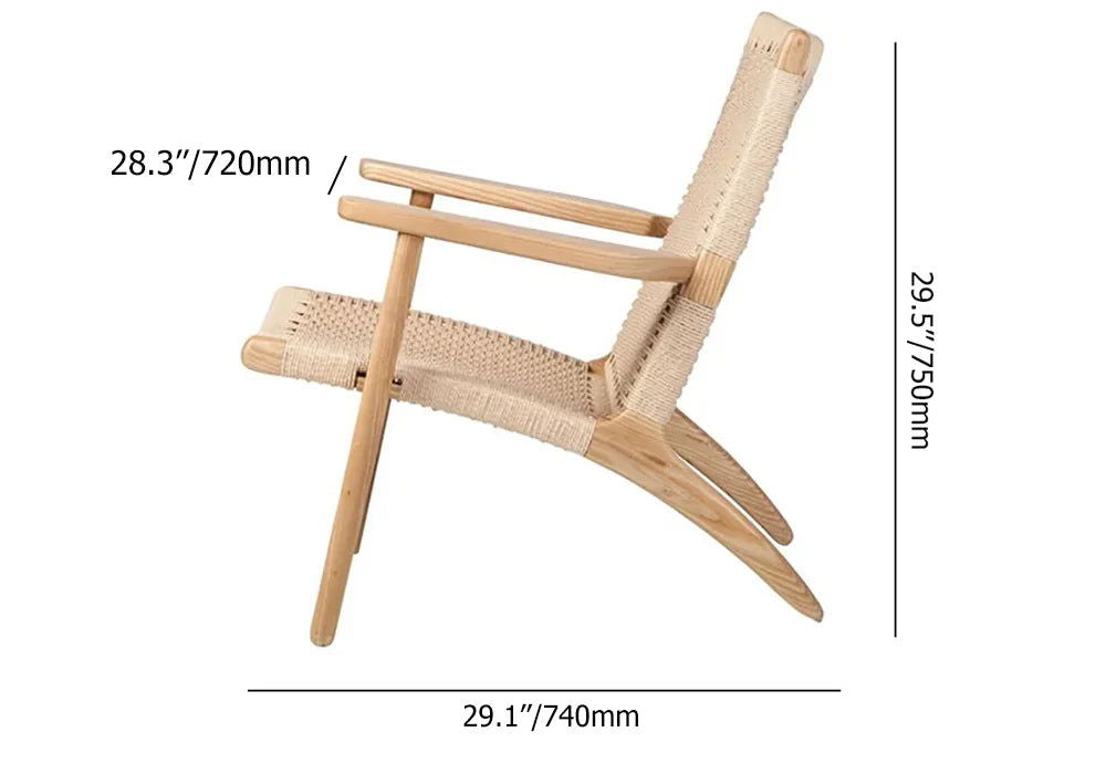 Japandi Solid Wood Outdoor Patio Lounge Chair Armchair Kraft Paper Rope Woven Seat - 