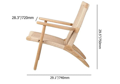 Japandi Solid Wood Outdoor Patio Lounge Chair Armchair Kraft Paper Rope Woven Seat - 