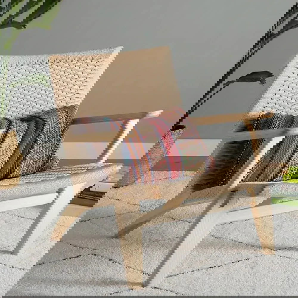 Japandi Solid Wood Outdoor Patio Lounge Chair Armchair Kraft Paper Rope Woven Seat - 