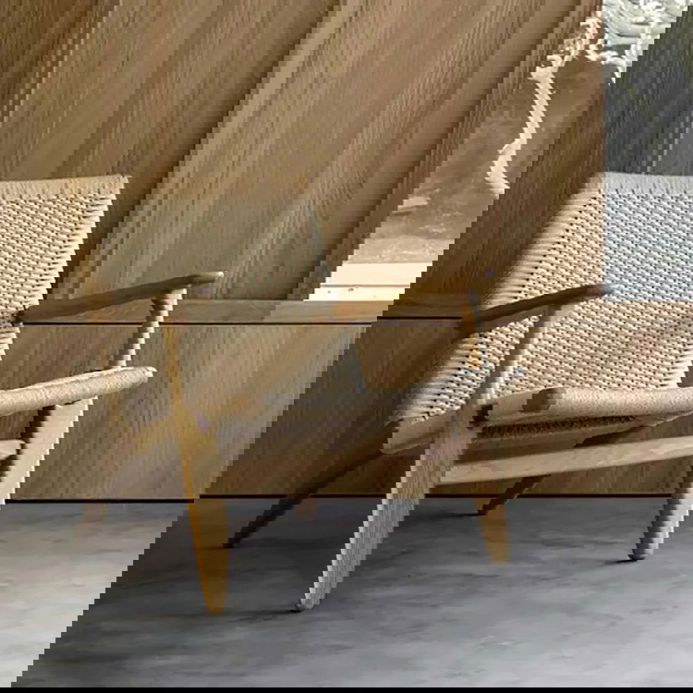 Japandi Solid Wood Outdoor Patio Lounge Chair Armchair Kraft Paper Rope Woven Seat - Homary