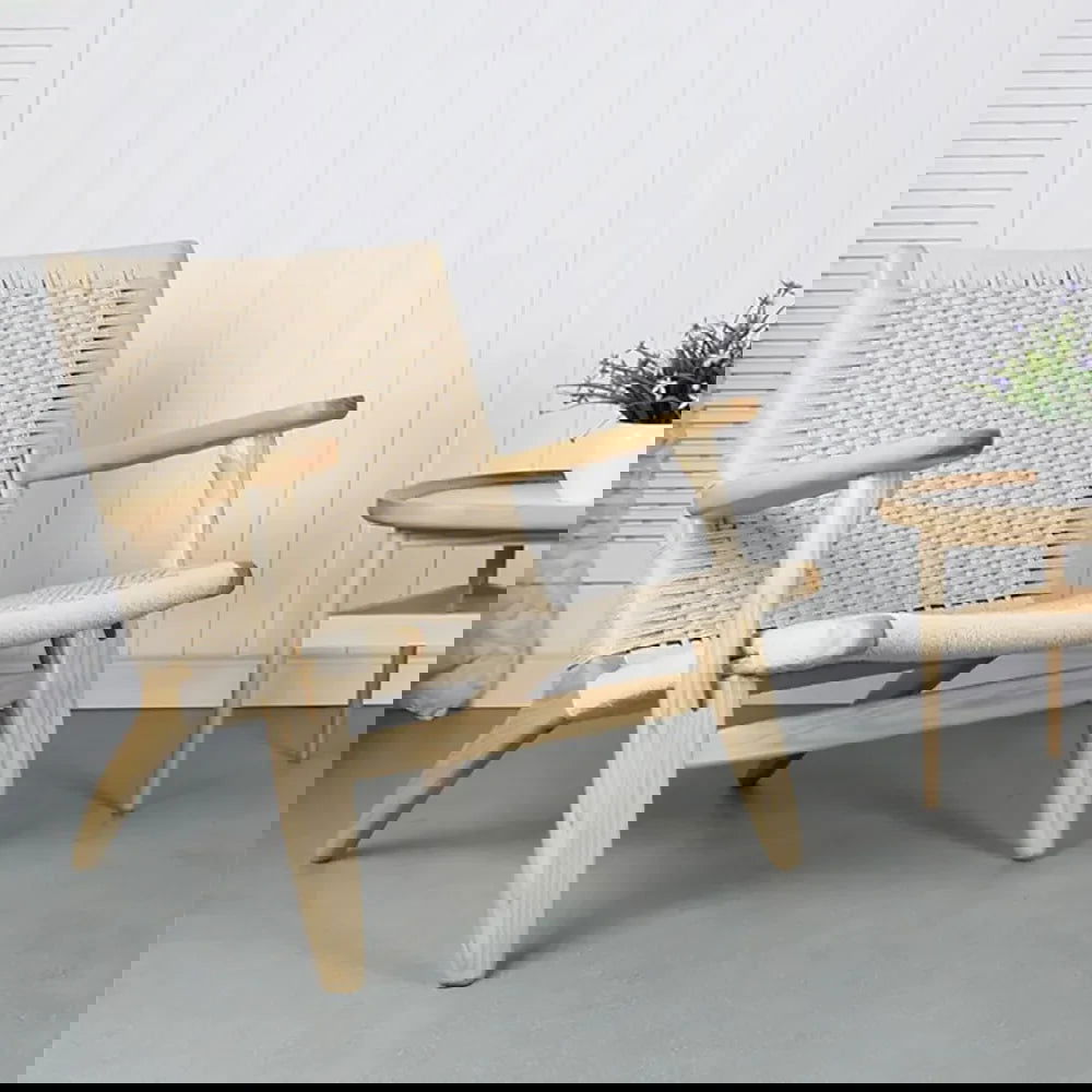 Japandi Solid Wood Outdoor Patio Lounge Chair Armchair Kraft Paper Rope Woven Seat - Homary