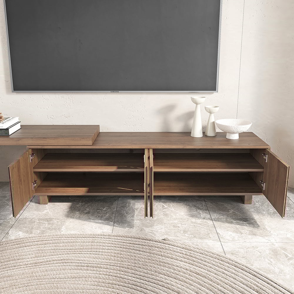 Japandi Walnut Retracted & Extendable TV Stand with 4 Shelves Up to 2159mm - 