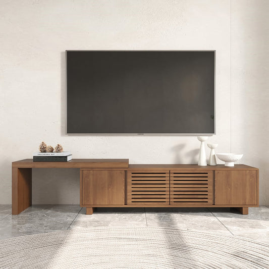 Japandi Walnut Retracted & Extendable TV Stand with 4 Shelves Up to 2159mm - Homary