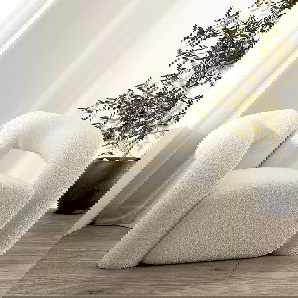 Japandi White Boucle Accent Chair Shaggy Armchair for Living Room - 