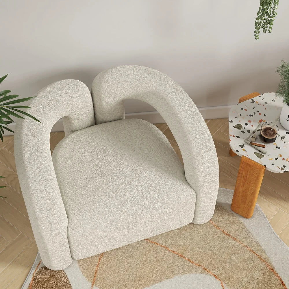 Japandi White Boucle Accent Chair Shaggy Armchair for Living Room - 