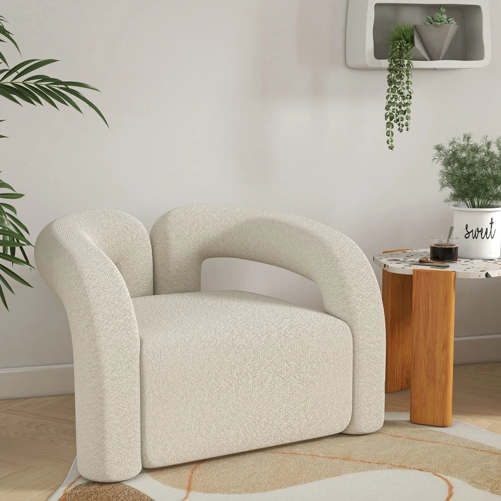 Japandi White Boucle Accent Chair Shaggy Armchair for Living Room - 
