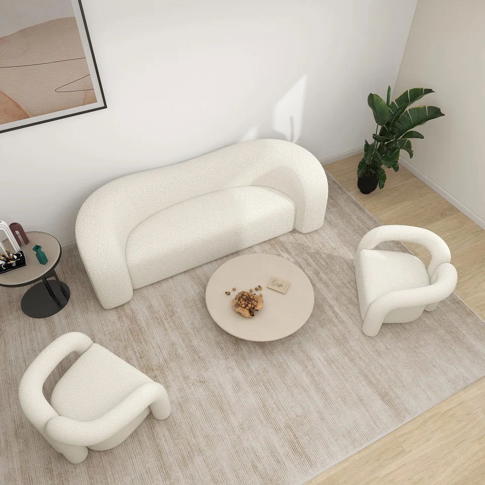 Japandi White Boucle Accent Chair Shaggy Armchair for Living Room - 