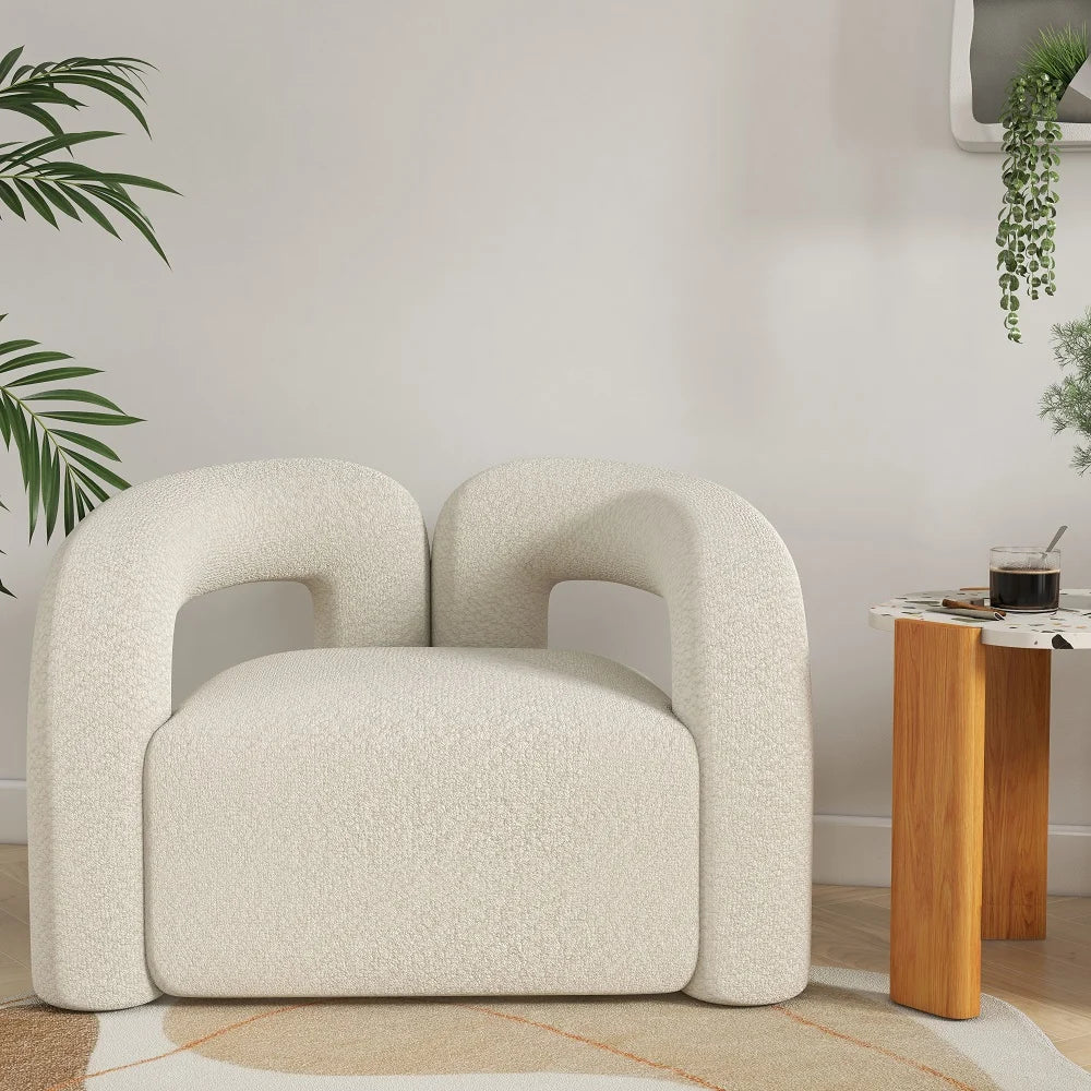 Japandi White Boucle Accent Chair Shaggy Armchair for Living Room - Homary