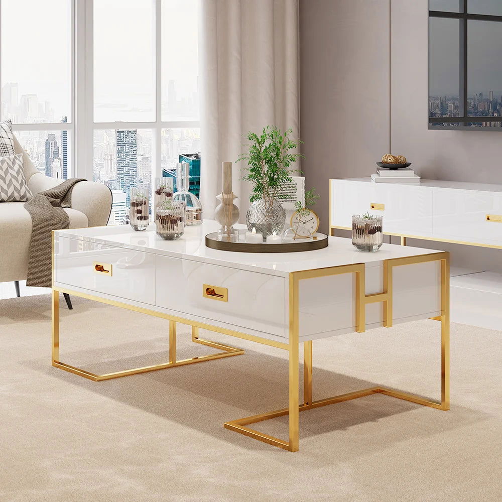 Jocise Modern White Rectangular Coffee Table with Drawers Lacquer Gold Base - 