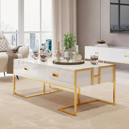 Jocise Modern White Rectangular Coffee Table with Drawers Lacquer Gold Base - 
