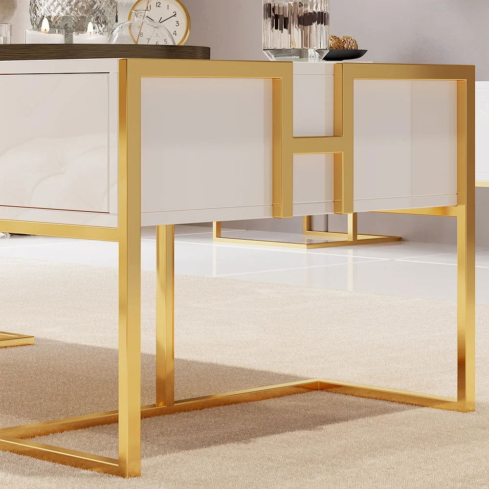 Jocise Modern White Rectangular Coffee Table with Drawers Lacquer Gold Base - 